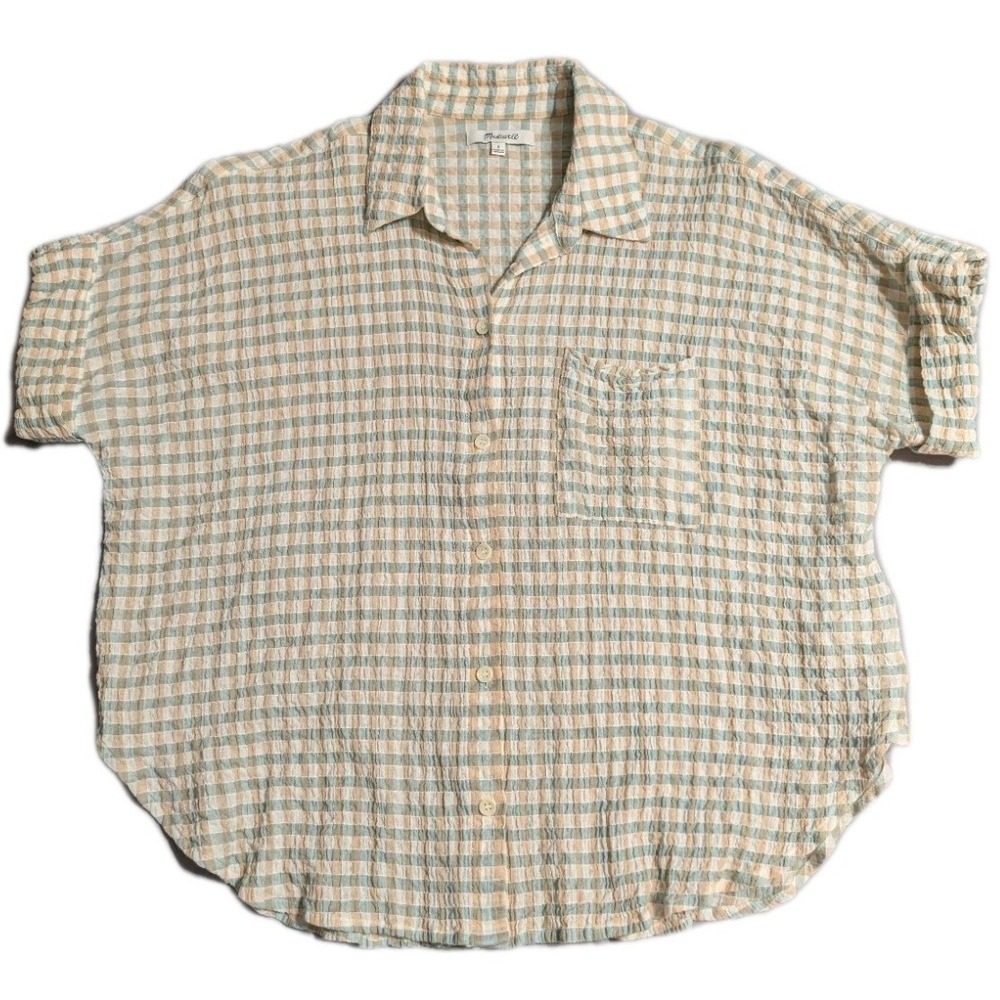 Madewell Womens S Seersucker Gingham Button Up Shirt Blue Tan‎ Oversized Boxy